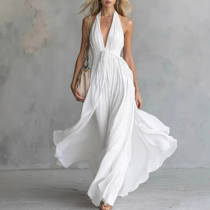 Women’s Flowy Pleated Maxi Wedding Guest Dress with Halter Neck