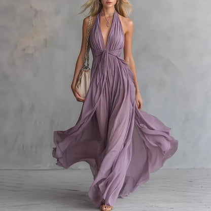 Women’s Flowy Pleated Maxi Wedding Guest Dress with Halter Neck