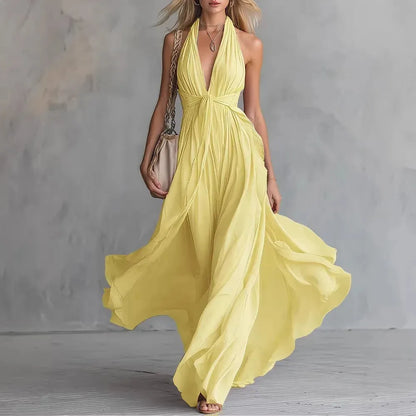 Women’s Flowy Pleated Maxi Wedding Guest Dress with Halter Neck