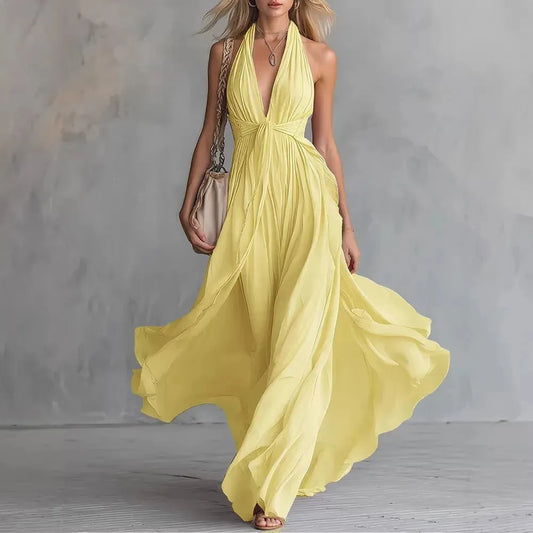 Women’s Flowy Pleated Maxi Wedding Guest Dress with Halter Neck