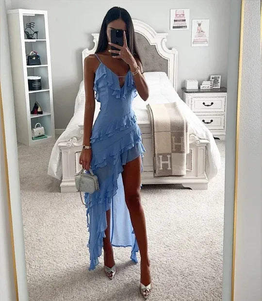 Women's Flowy Ruffle Maxi Wedding Guest Dress with Slit