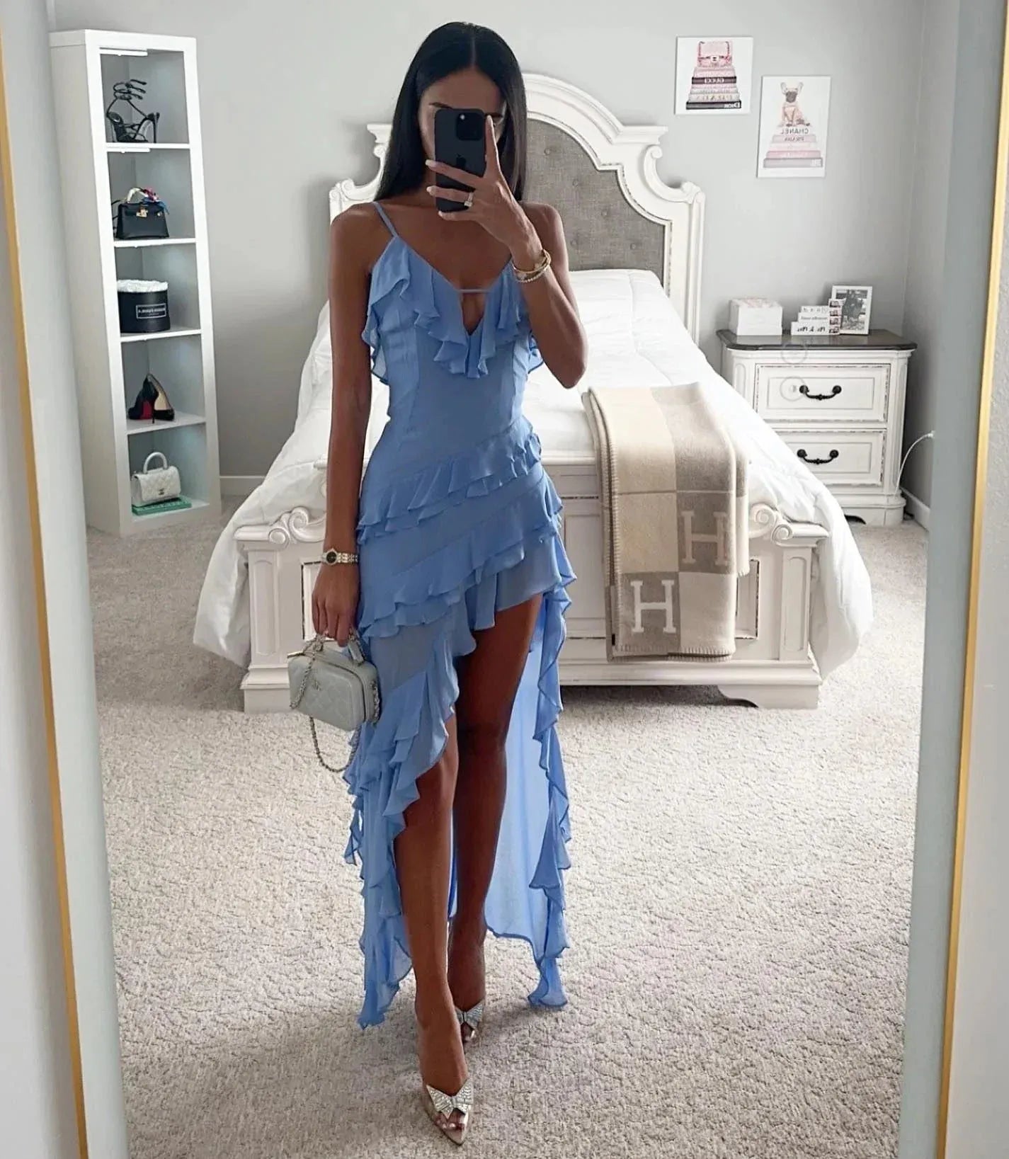 Women's Flowy Ruffle Maxi Wedding Guest Dress with Slit