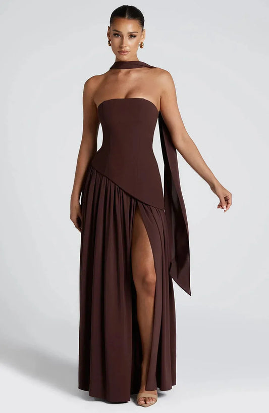 Women's Strapless Flowy Maxi Wedding Guest Dress with Slit