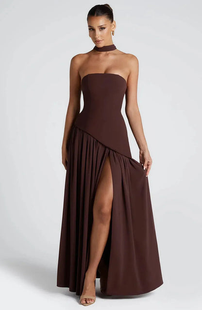Women's Strapless Flowy Maxi Wedding Guest Dress with Slit