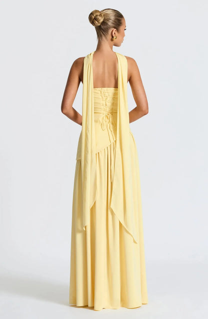 Women's Strapless Flowy Maxi Wedding Guest Dress with Slit