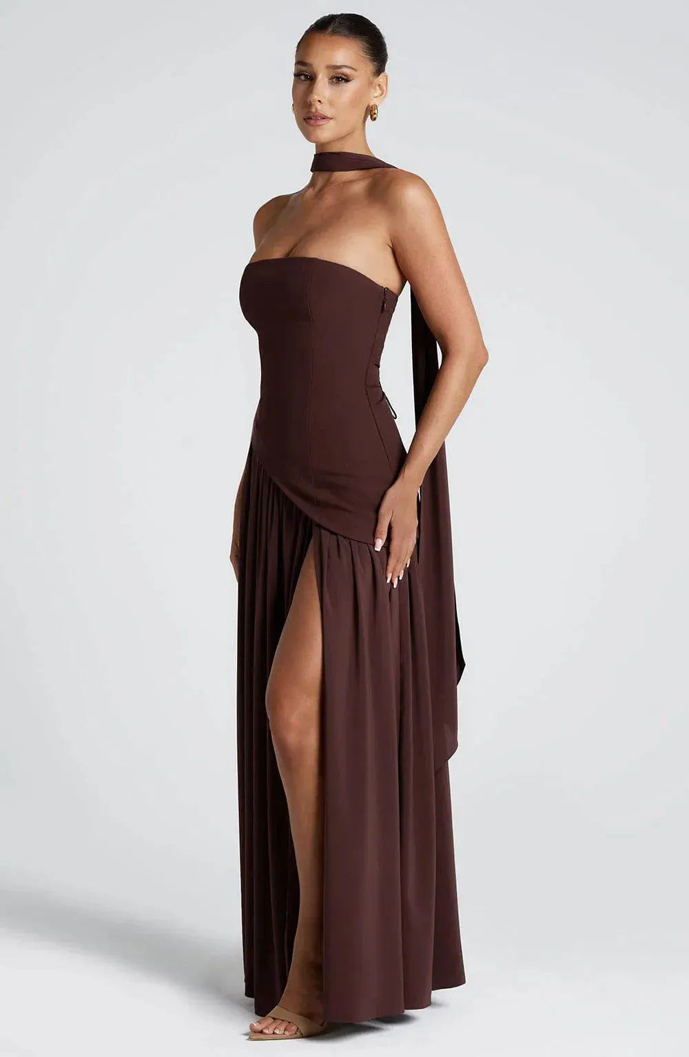 Women's Strapless Flowy Maxi Wedding Guest Dress with Slit