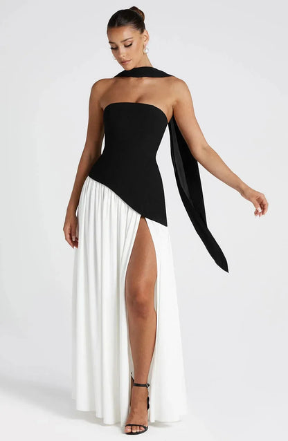 Women's Strapless Flowy Maxi Wedding Guest Dress with Slit