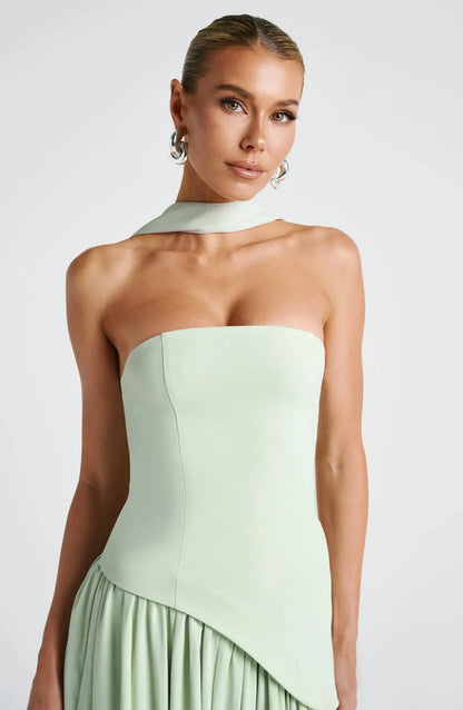 Women's Strapless Flowy Maxi Wedding Guest Dress with Slit