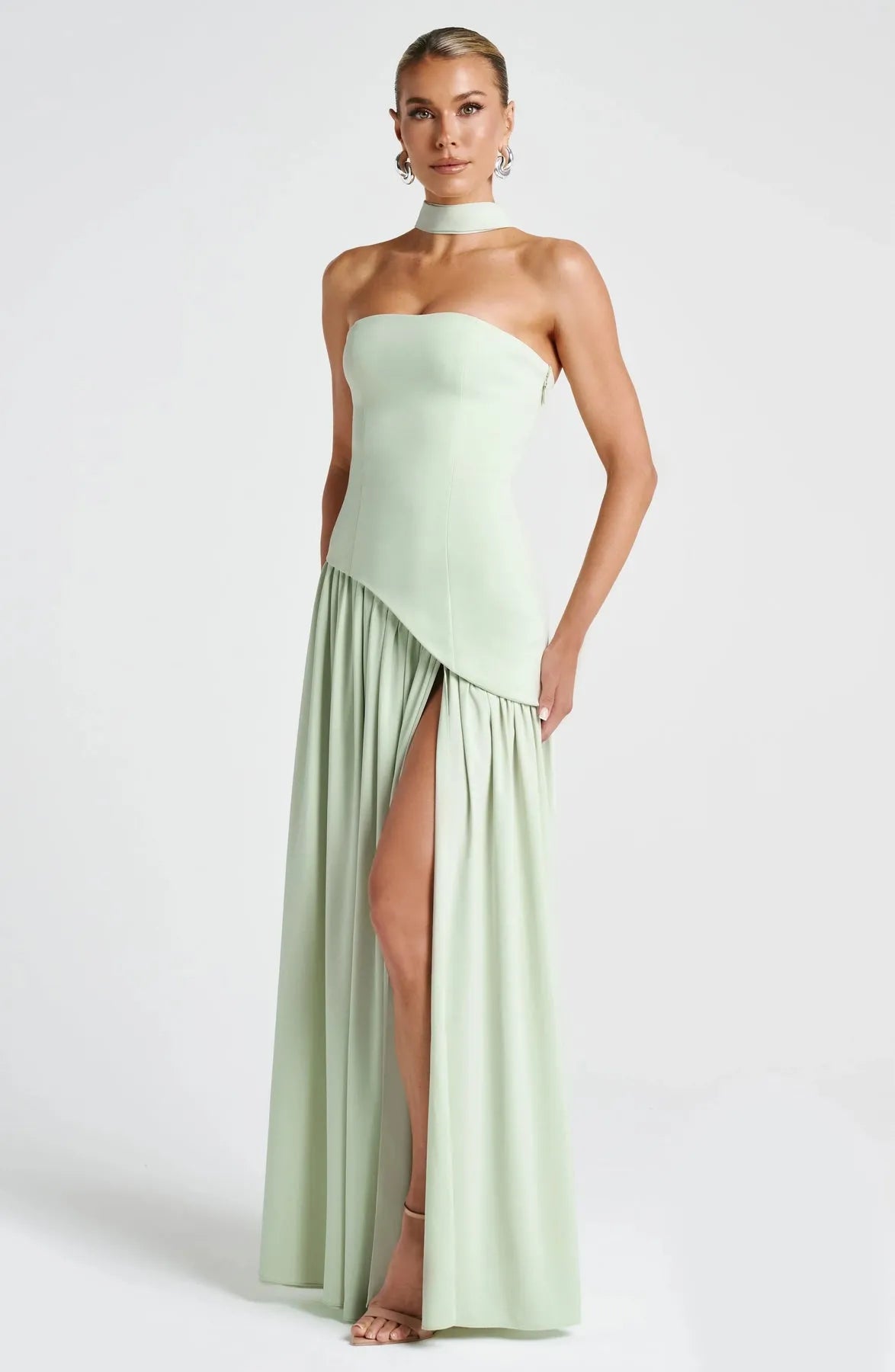 Women's Strapless Flowy Maxi Wedding Guest Dress with Slit