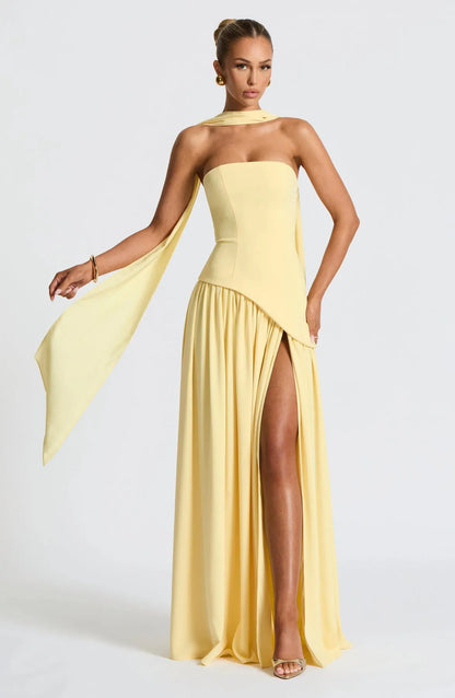 Women's Strapless Flowy Maxi Wedding Guest Dress with Slit