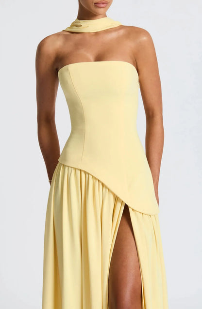 Women's Strapless Flowy Maxi Wedding Guest Dress with Slit