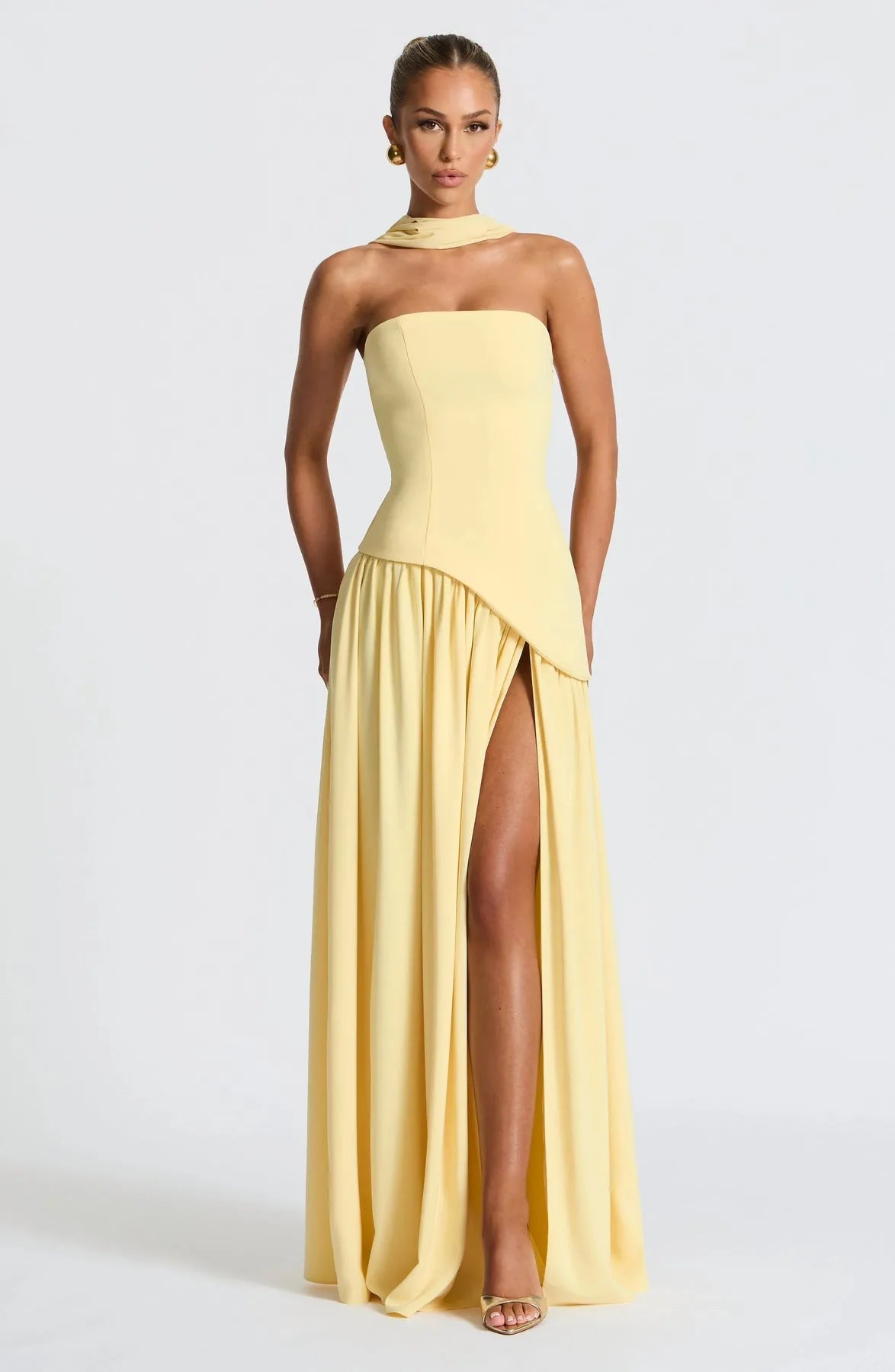 Women's Strapless Flowy Maxi Wedding Guest Dress with Slit