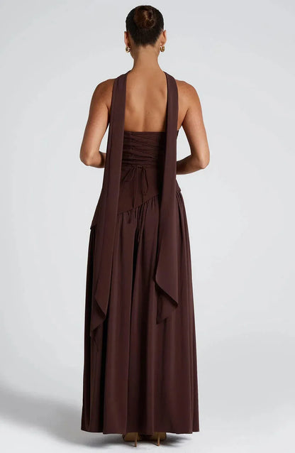 Women's Strapless Flowy Maxi Wedding Guest Dress with Slit
