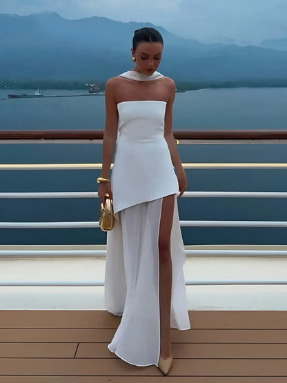 Women's Flowy Strapless Maxi Wedding Guest Dress with Slit