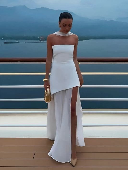 Women's Flowy Strapless Maxi Wedding Guest Dress with Slit