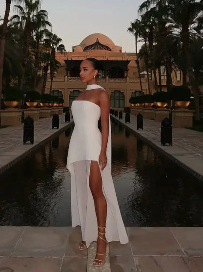 Women's Flowy Strapless Maxi Wedding Guest Dress with Slit