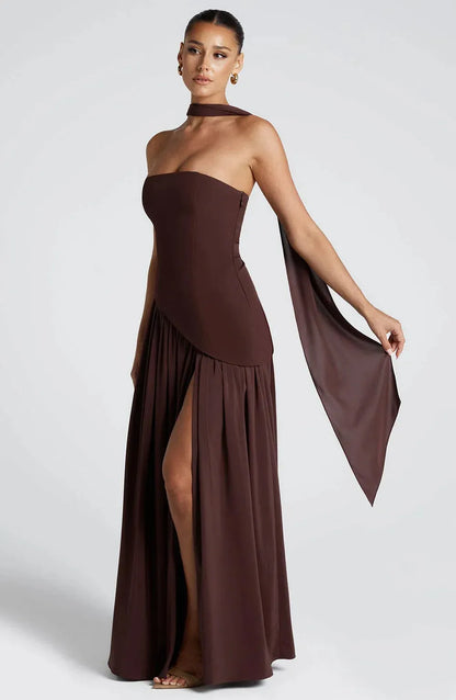 Women's Strapless Flowy Maxi Wedding Guest Dress with Slit