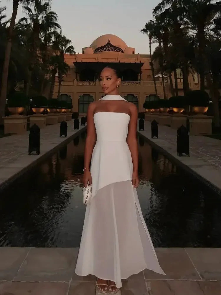 Women's Flowy Strapless Maxi Wedding Guest Dress with Slit