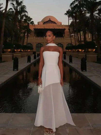 Women's Flowy Strapless Maxi Wedding Guest Dress with Slit