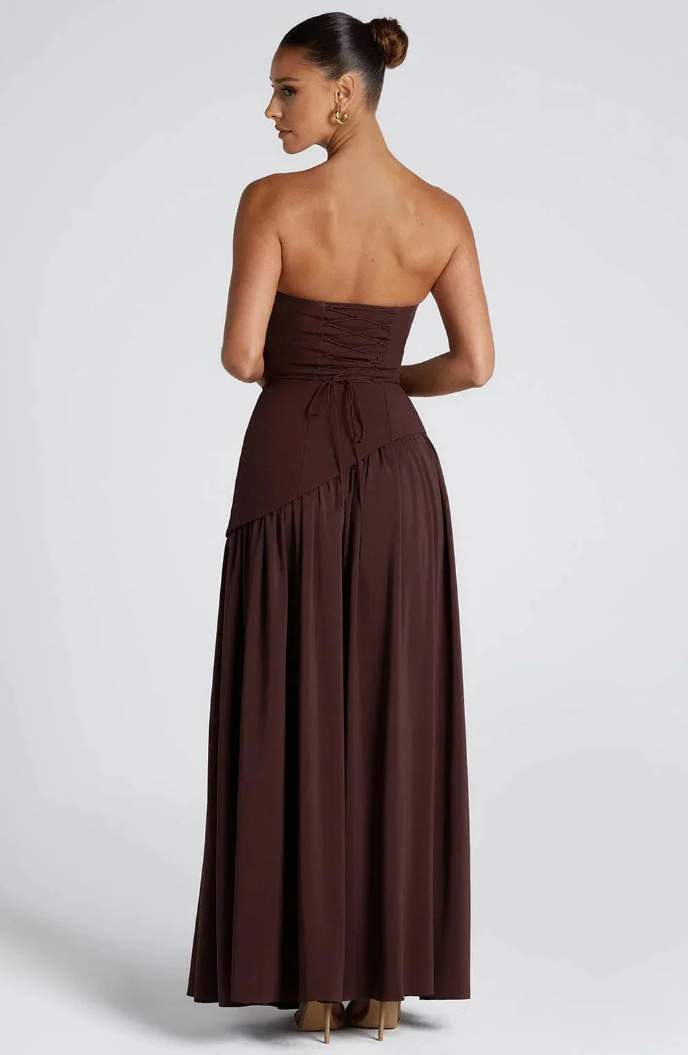 Women's Strapless Flowy Maxi Wedding Guest Dress with Slit