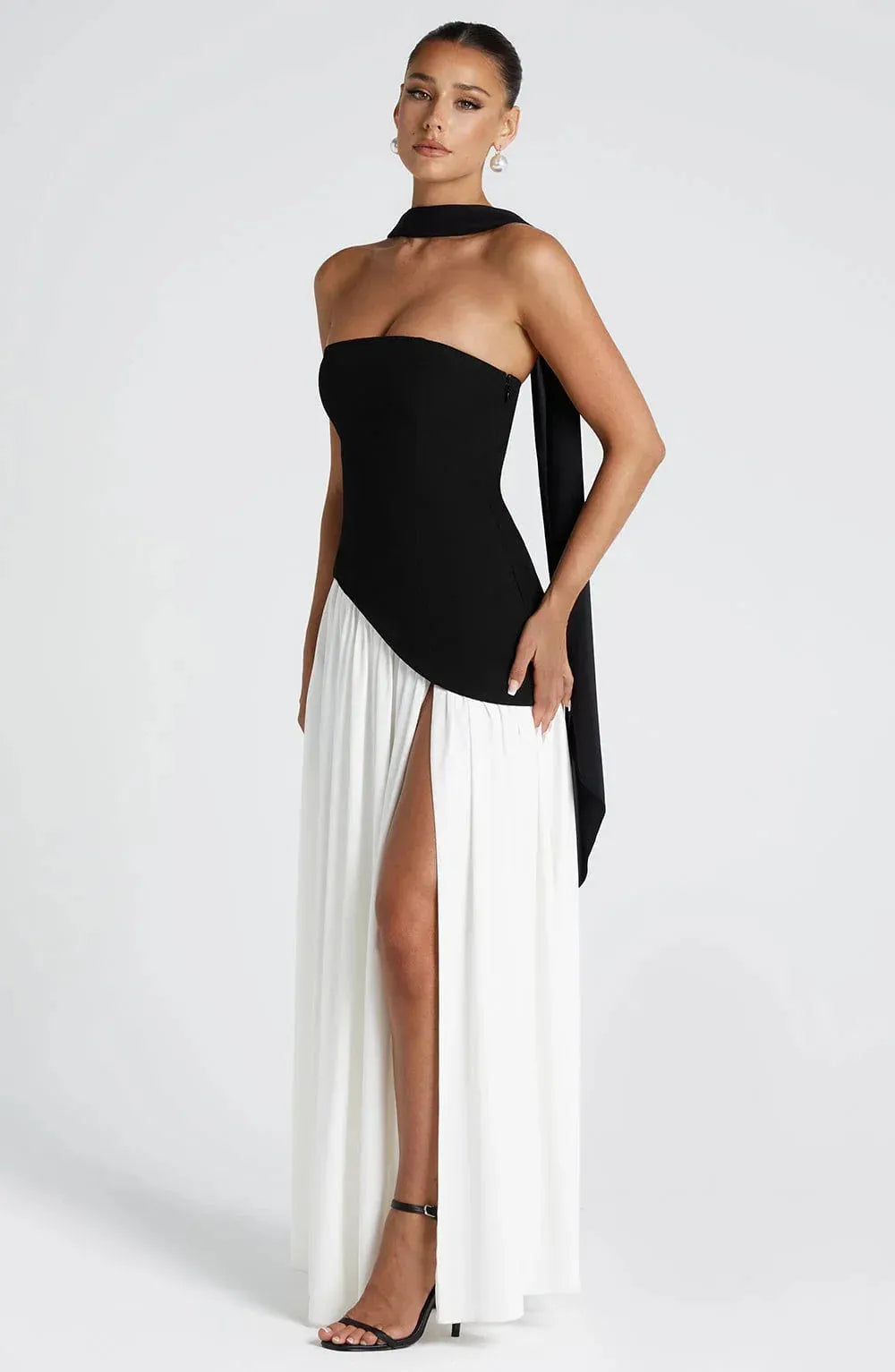 Women's Strapless Flowy Maxi Wedding Guest Dress with Slit
