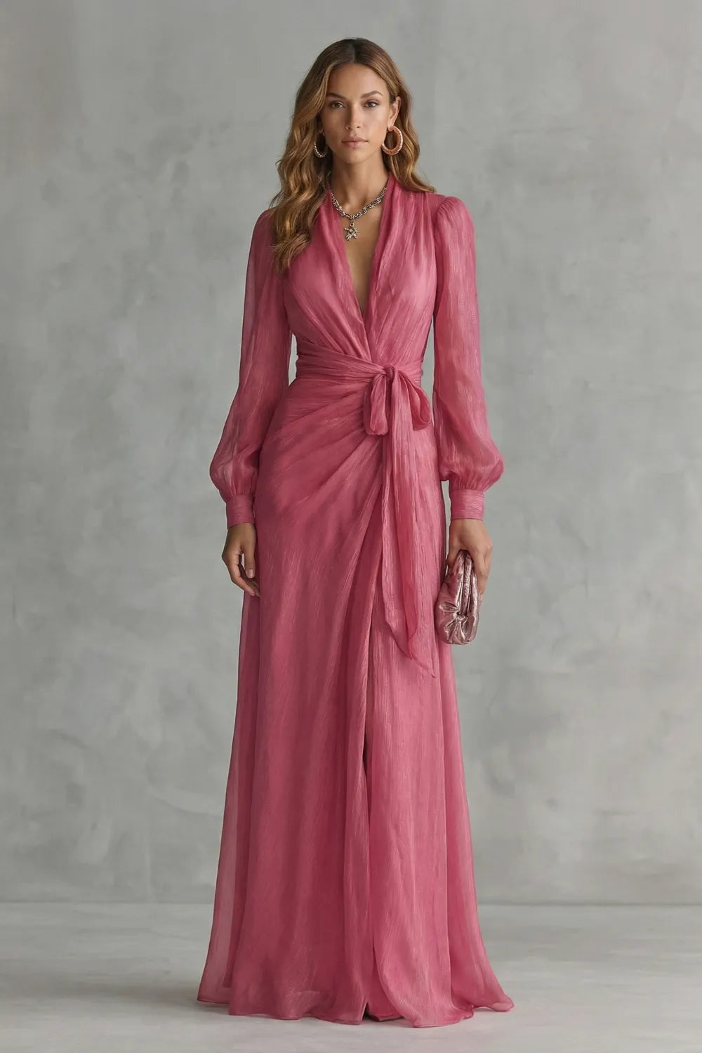Women's Flowy Wrap Maxi Wedding Guest Dress with V-Neck