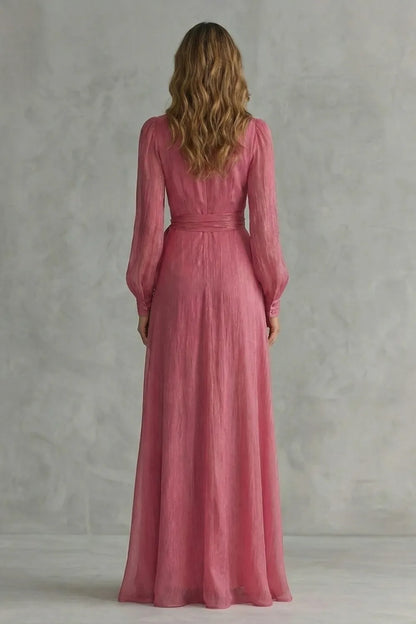 Women's Flowy Wrap Maxi Wedding Guest Dress with V-Neck