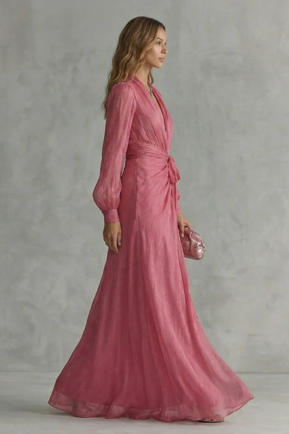 Women's Flowy Wrap Maxi Wedding Guest Dress with V-Neck