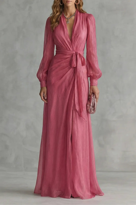 Women's Flowy Wrap Maxi Wedding Guest Dress with V-Neck