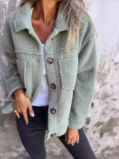 Women’s Fluffy Casual Jacket with Button-Up