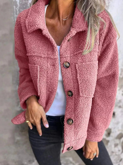 Women’s Fluffy Casual Jacket with Button-Up