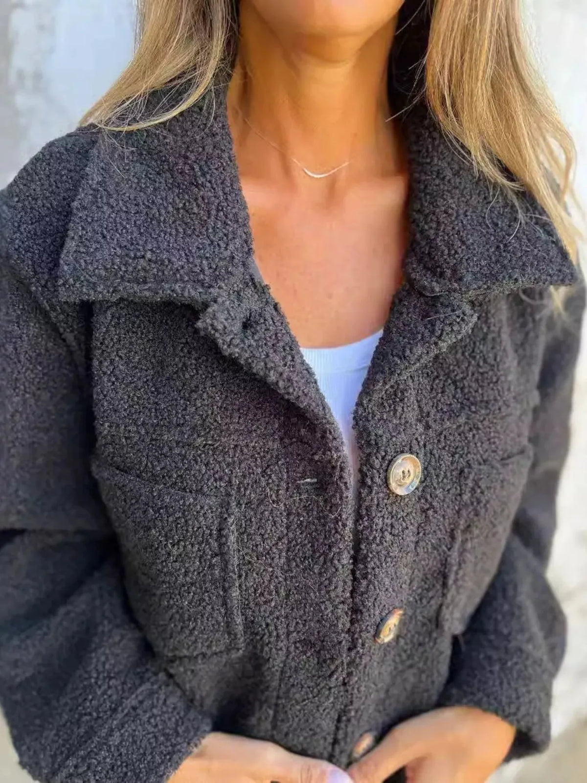 Women’s Fluffy Casual Jacket with Button-Up