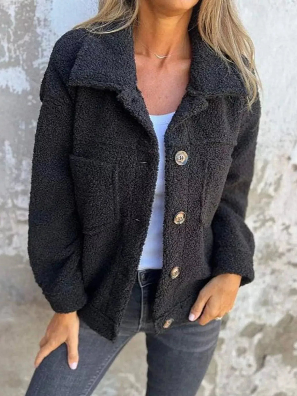 Women’s Fluffy Casual Jacket with Button-Up