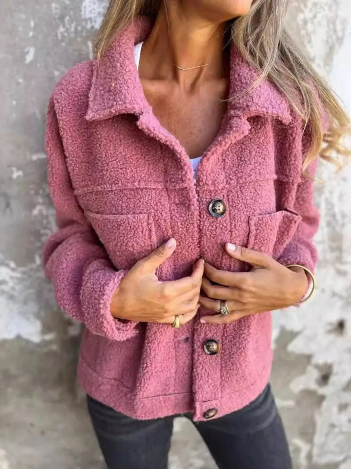 Women’s Fluffy Casual Jacket with Button-Up