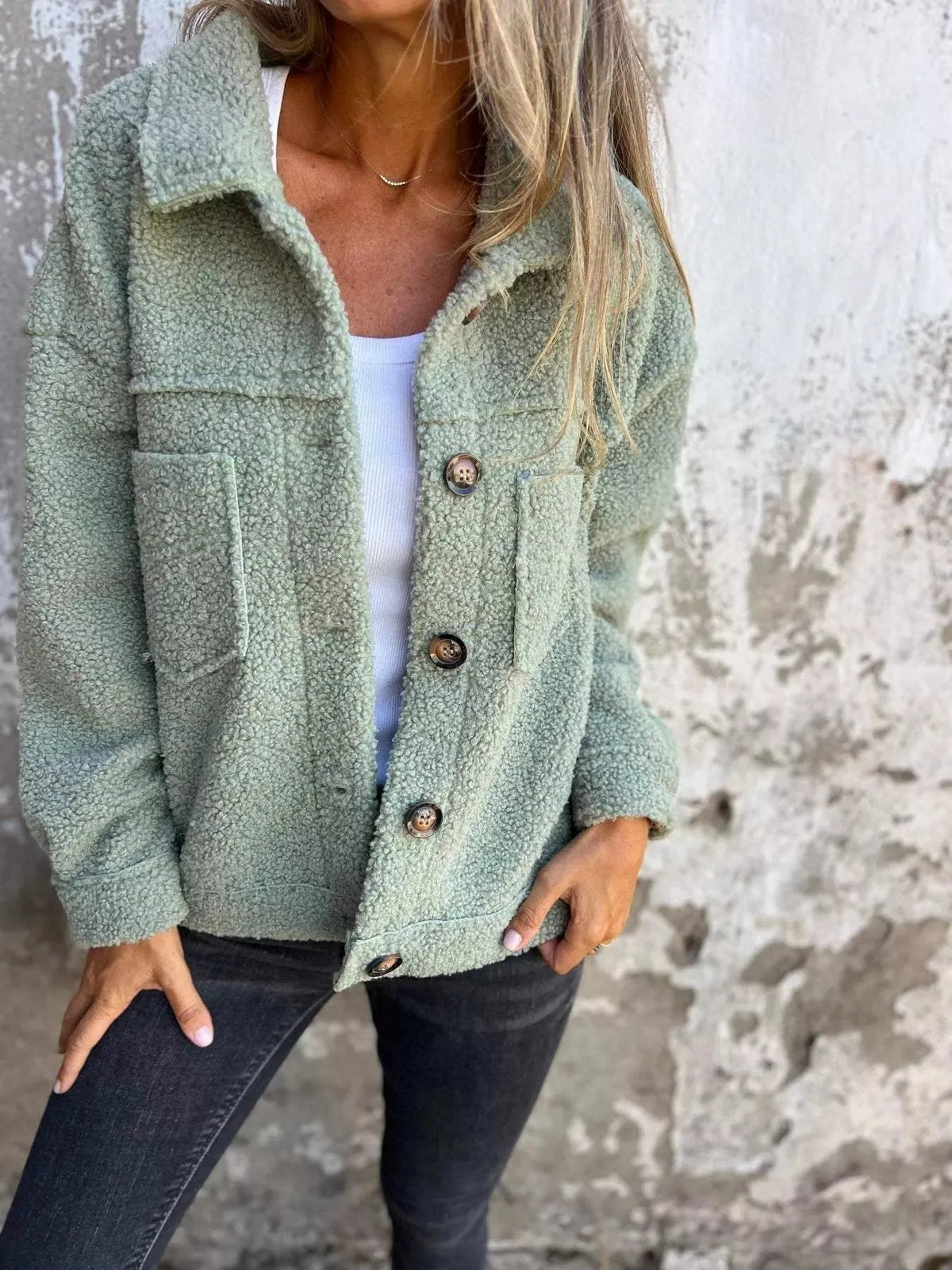 Women’s Fluffy Casual Jacket with Button-Up