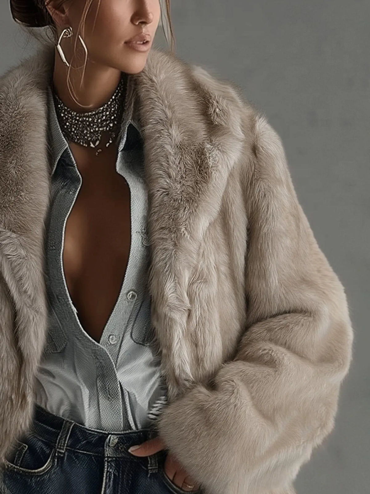 Women’s Fluffy Oversized Winter Jacket with Open Front