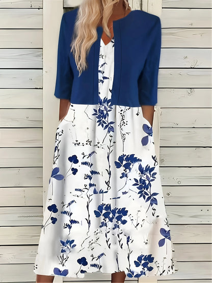 Women's Formal Floral Midi Wedding Guest Dress with Side Pockets