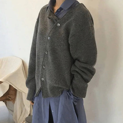 Women's Knitted Cardigan with Button Closure and Ribbed Cuffs