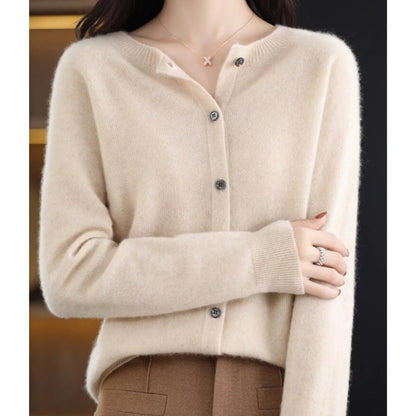 Women's Knitted Cardigan with Button Closure and Ribbed Hem