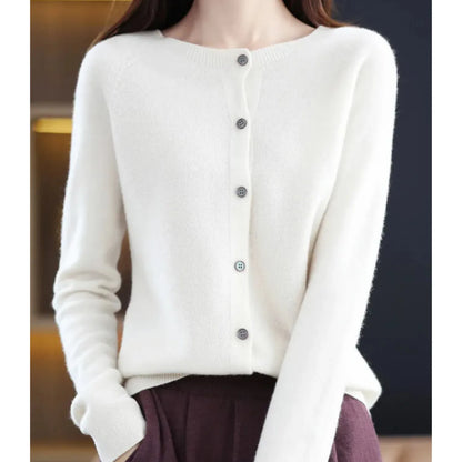 Women's Knitted Cardigan with Button Closure and Ribbed Hem
