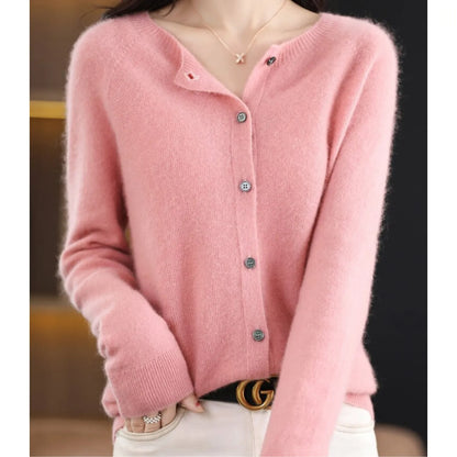 Women's Knitted Cardigan with Button Closure and Ribbed Hem