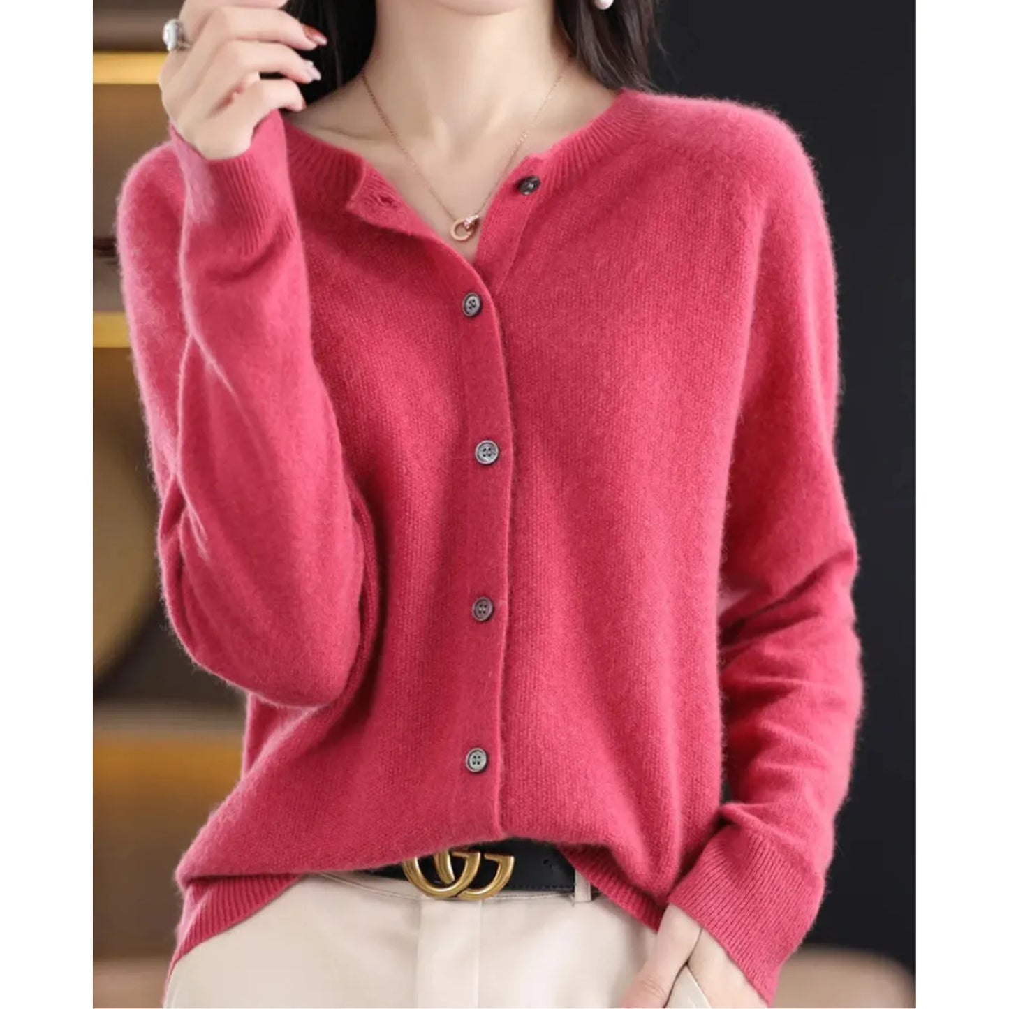 Women's Knitted Cardigan with Button Closure and Ribbed Hem