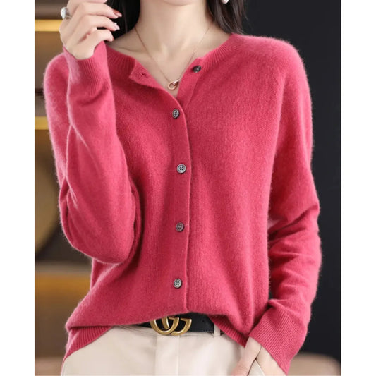 Women's Knitted Cardigan with Button Closure and Ribbed Hem