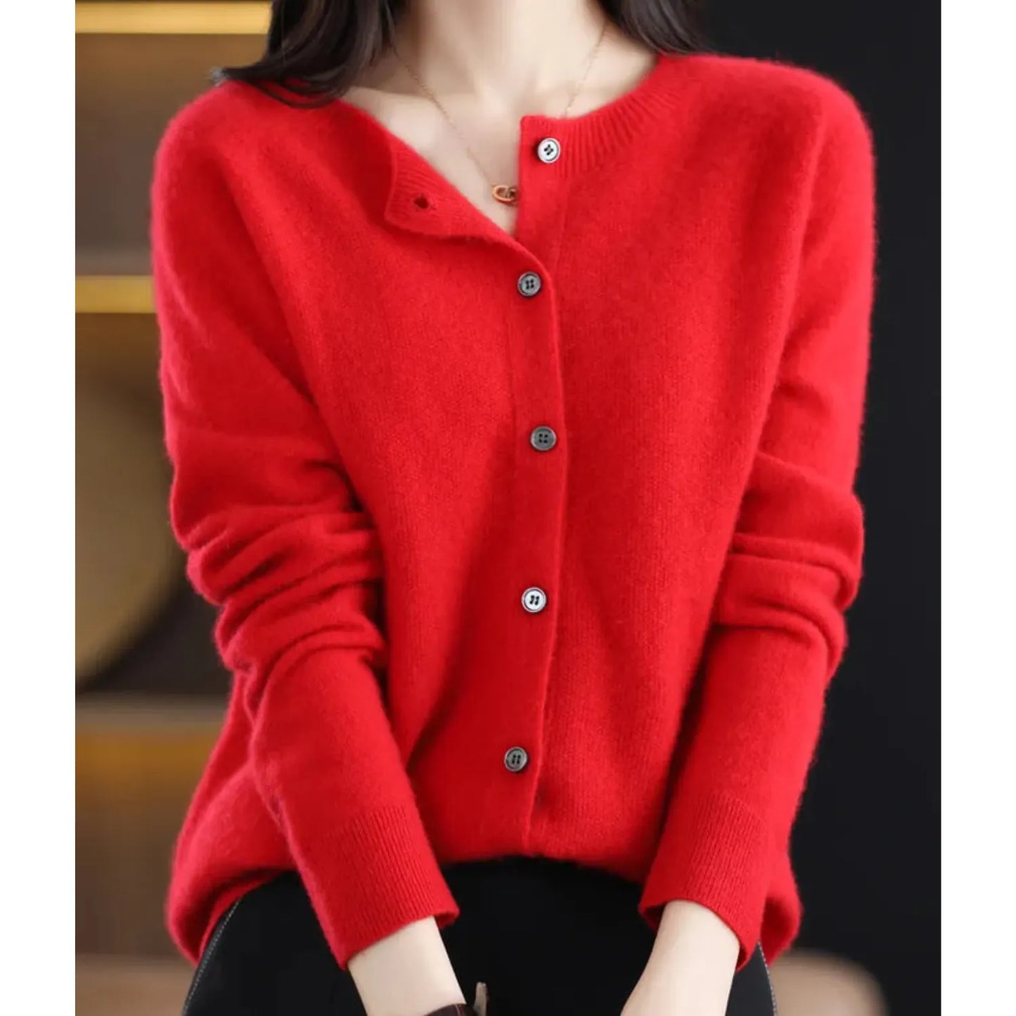 Women's Knitted Cardigan with Button Closure and Ribbed Hem