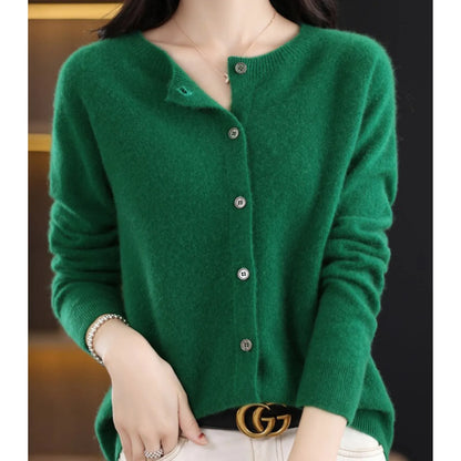 Women's Knitted Cardigan with Button Closure and Ribbed Hem