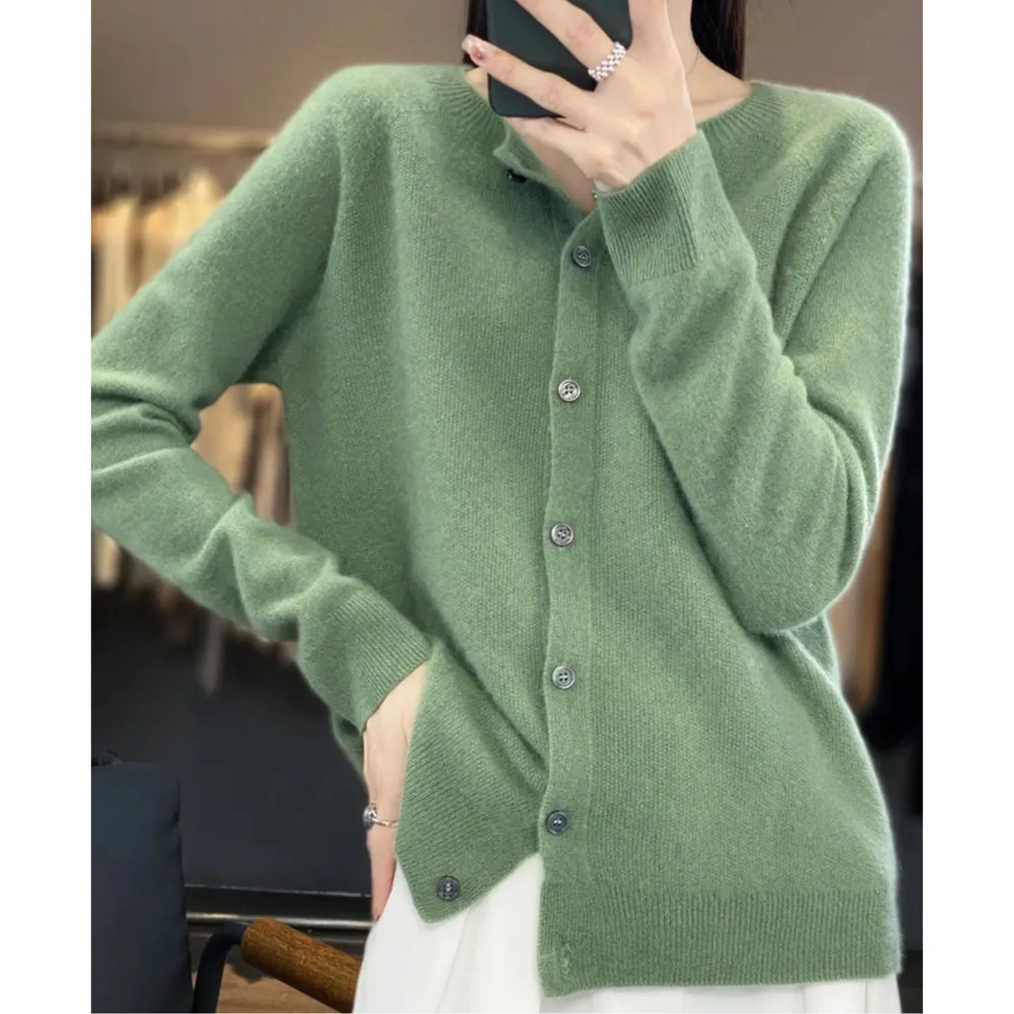 Women's Knitted Cardigan with Button Closure and Ribbed Hem