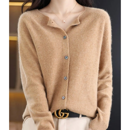 Women's Knitted Cardigan with Button Closure and Ribbed Hem
