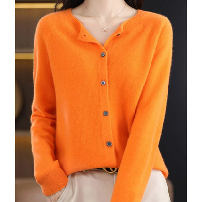 Women's Knitted Cardigan with Button Closure and Ribbed Hem
