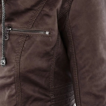 Women’s Lightweight Casual Leather Jacket with Hood