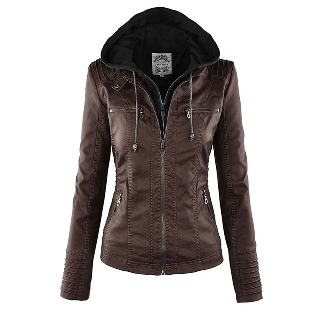 Women’s Lightweight Casual Leather Jacket with Hood